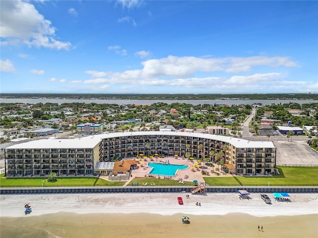 aerial view with a view of the beach and a water view