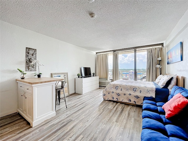 bedroom with a textured ceiling, light hardwood / wood-style flooring, and access to exterior