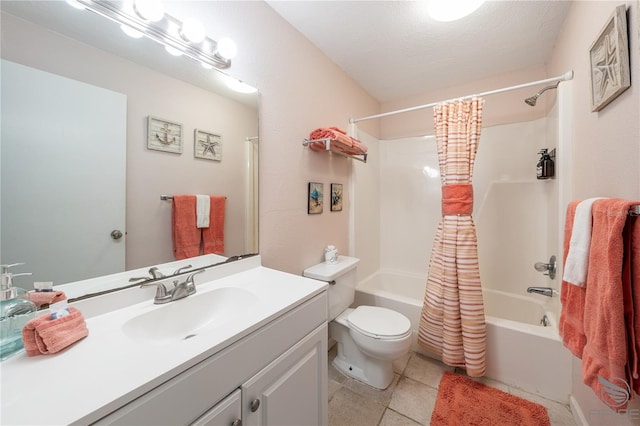 full bathroom with a textured ceiling, vanity, shower / tub combo, toilet, and tile patterned floors