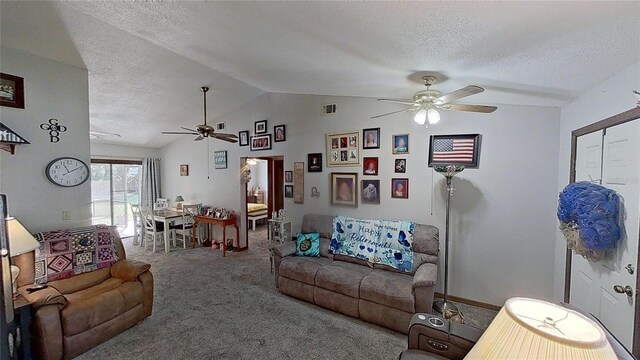 carpeted living room featuring lofted ceiling, ceiling fan, and a textured ceiling