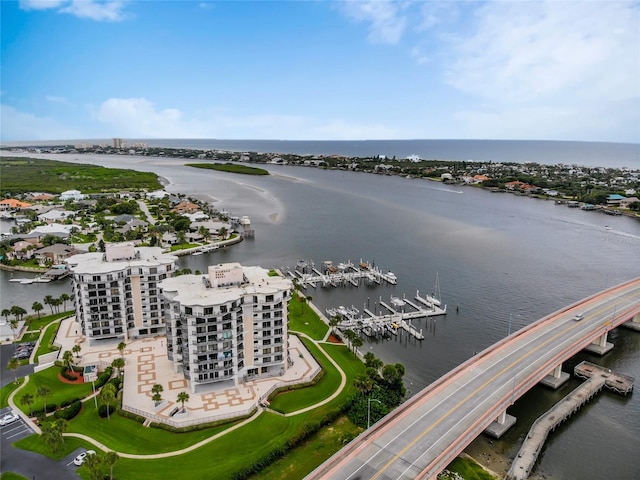 drone / aerial view featuring a water view