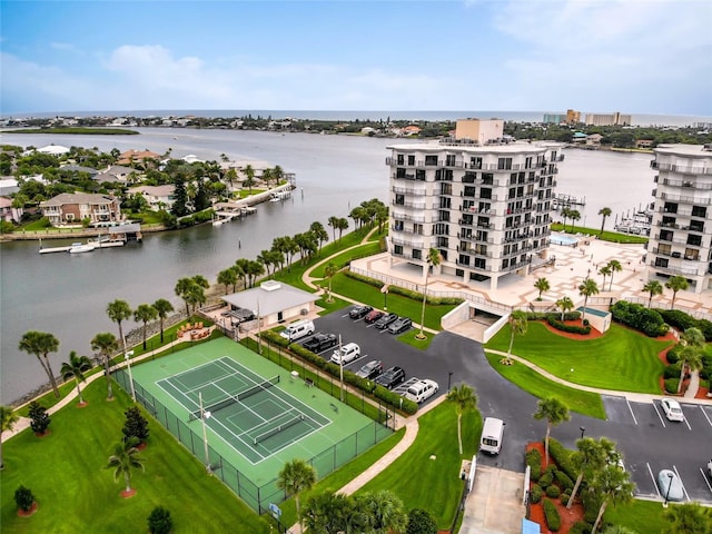 bird's eye view with a water view