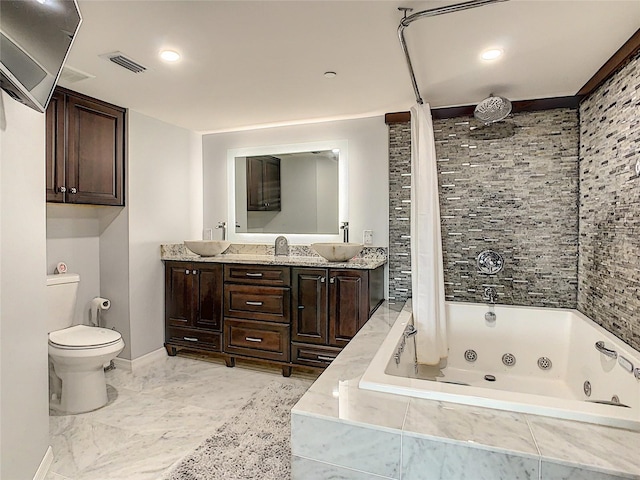 full bathroom with vanity, toilet, and shower / tub combo with curtain