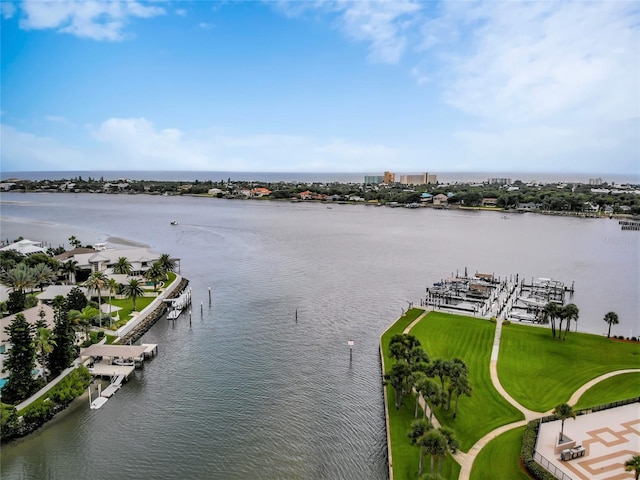 drone / aerial view featuring a water view