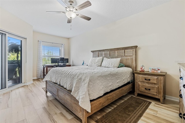 bedroom with a textured ceiling, access to outside, ceiling fan, and light hardwood / wood-style floors