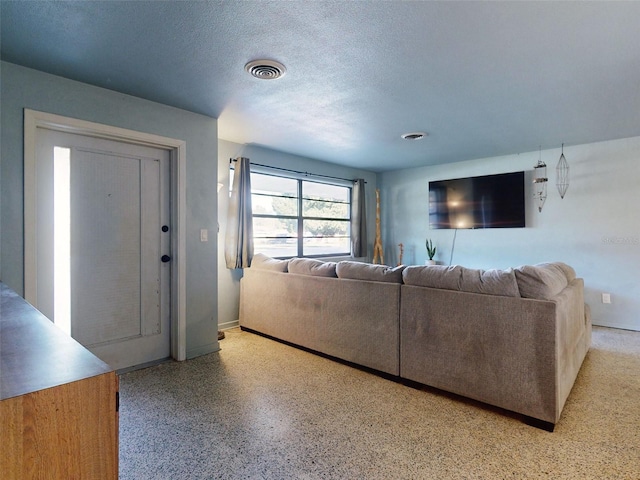 living room featuring a textured ceiling