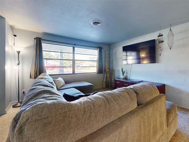 carpeted living room with a textured ceiling