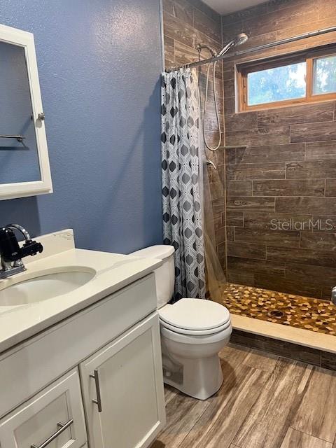 bathroom featuring walk in shower, toilet, wood-type flooring, and vanity