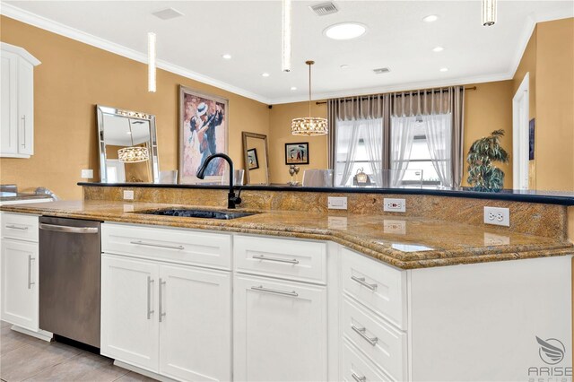 kitchen featuring white cabinets, stainless steel dishwasher, stone counters, and sink