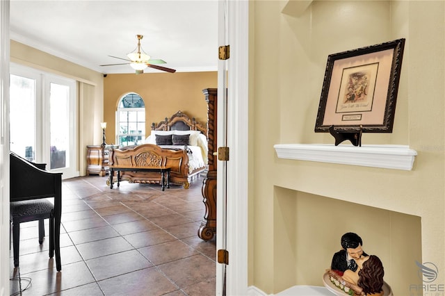 bedroom with tile patterned flooring and ornamental molding