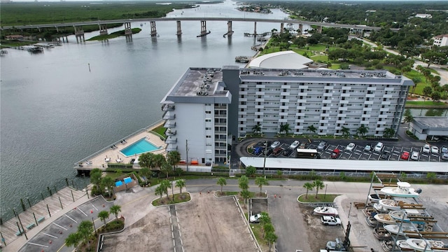 drone / aerial view with a water view