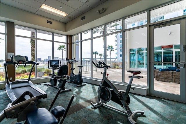 workout area with a paneled ceiling, carpet, and a healthy amount of sunlight