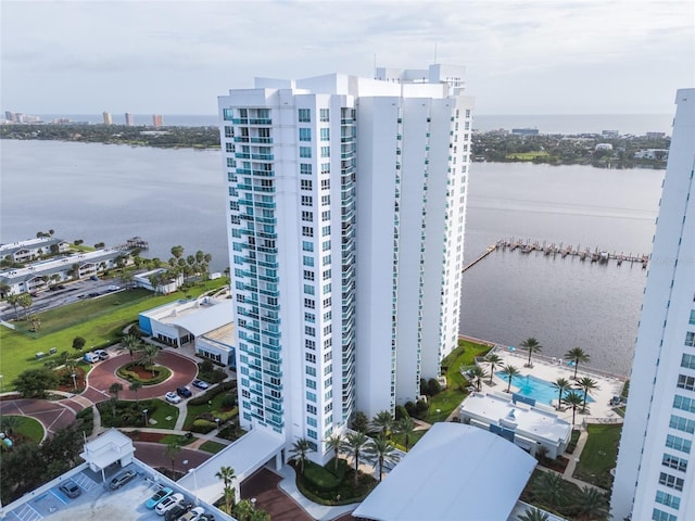 aerial view featuring a water view