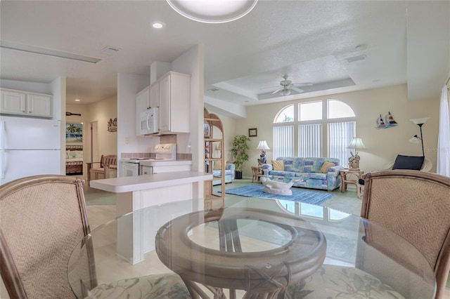 dining room featuring a tray ceiling and ceiling fan