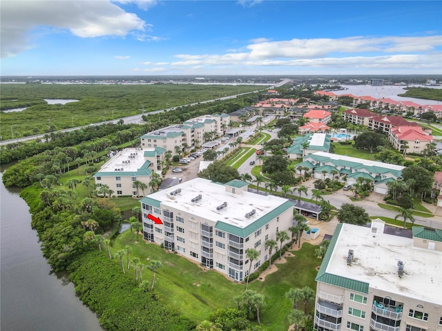 aerial view featuring a water view