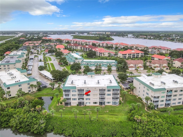 aerial view featuring a water view