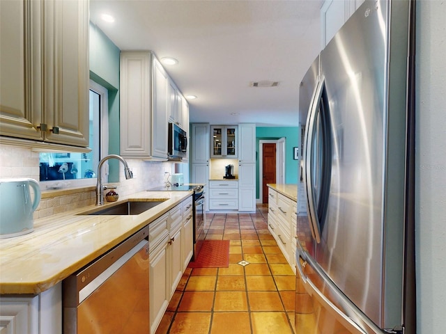 kitchen featuring decorative backsplash, stainless steel appliances, sink, light tile patterned floors, and white cabinetry