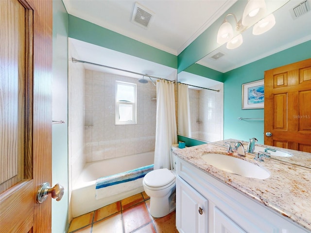 full bathroom with tile patterned floors, toilet, shower / bath combination with curtain, ornamental molding, and vanity