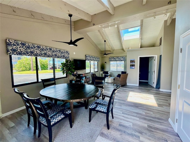 dining space featuring wood-type flooring, a wealth of natural light, and beam ceiling