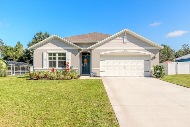 ranch-style house with a front yard and a garage