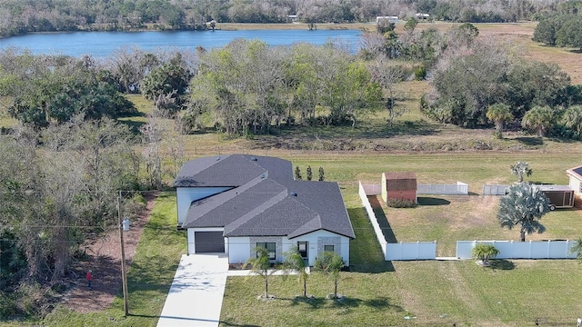 bird's eye view with a water view