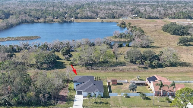 bird's eye view with a water view