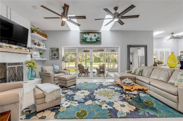 living room featuring a fireplace and ceiling fan