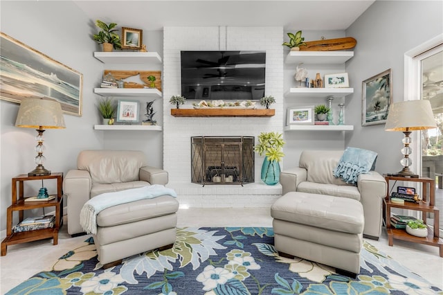 tiled living room featuring a fireplace