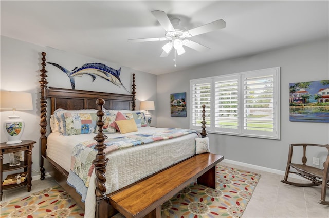 tiled bedroom with ceiling fan