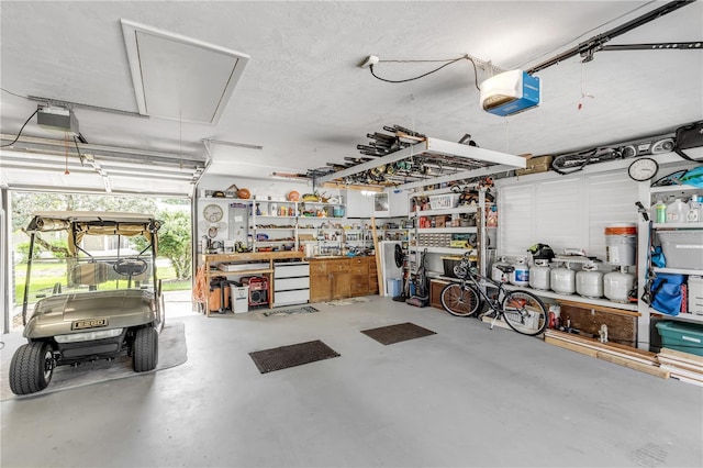 garage with a garage door opener and a workshop area