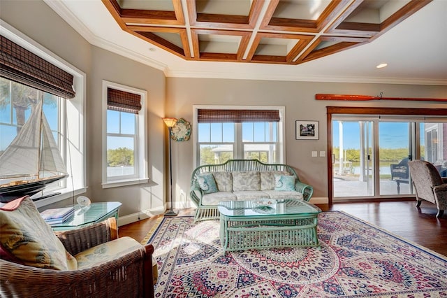 living room featuring a healthy amount of sunlight, coffered ceiling, and hardwood / wood-style flooring