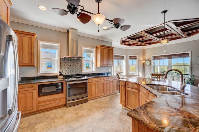 kitchen with ceiling fan, appliances with stainless steel finishes, sink, and wall chimney range hood