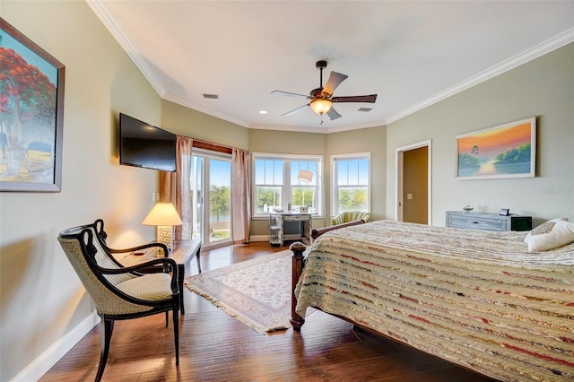 bedroom featuring access to outside, ornamental molding, ceiling fan, and hardwood / wood-style flooring