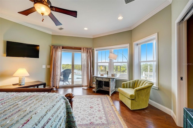 bedroom with wood-type flooring, ceiling fan, access to exterior, and crown molding