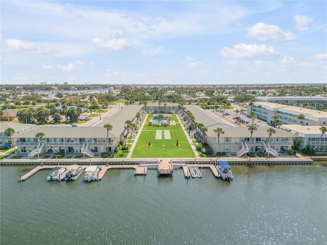 drone / aerial view with a water view