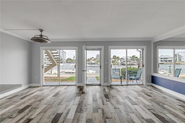 spare room with a wealth of natural light, a water view, light hardwood / wood-style floors, and crown molding