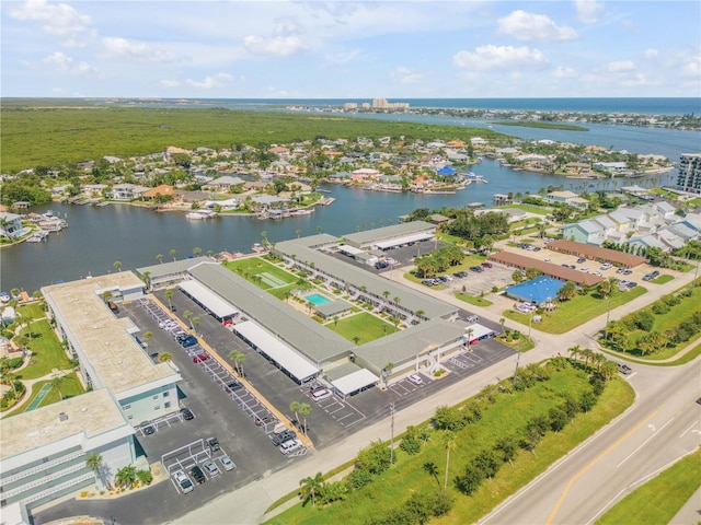 bird's eye view with a water view