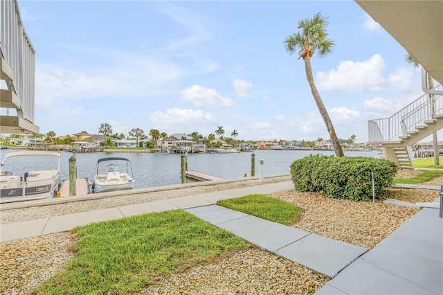 property view of water with a dock