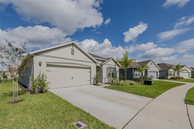 single story home featuring a front yard and a garage