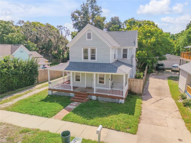 view of front facade with a front lawn and covered porch