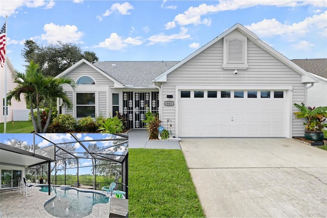 single story home featuring a front lawn, a garage, and glass enclosure