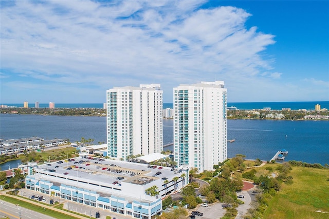 drone / aerial view with a water view