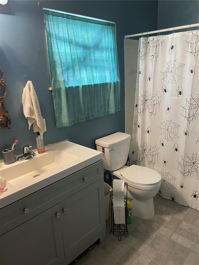 bathroom featuring vanity, toilet, and a shower with shower curtain