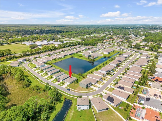 bird's eye view with a water view