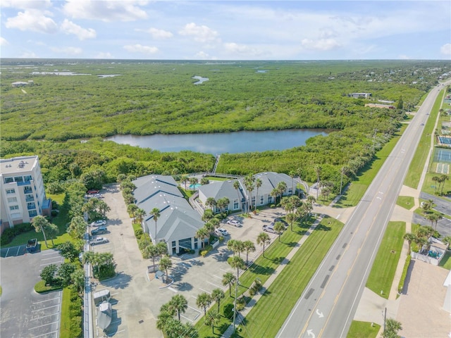 drone / aerial view featuring a water view