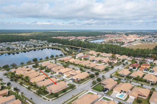 aerial view featuring a water view