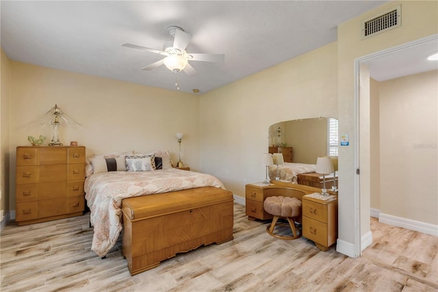 bedroom featuring light hardwood / wood-style flooring and ceiling fan