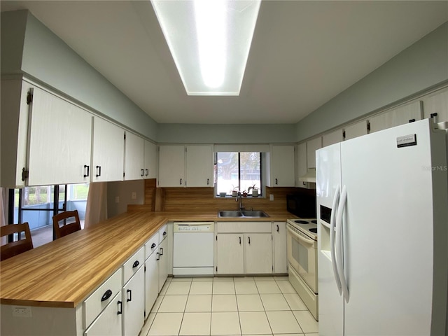 kitchen featuring light tile patterned floors, sink, white appliances, and white cabinetry