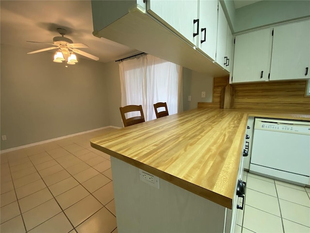 kitchen featuring light tile patterned flooring, ceiling fan, dishwasher, kitchen peninsula, and white cabinets