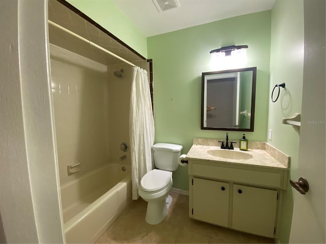 full bathroom featuring tile patterned flooring, vanity, shower / tub combo with curtain, and toilet